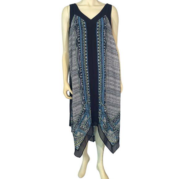 AGB Sz 10 Midi A-Line Tank Dress Blue Scarf Print Handkerchief Hem Sheer Lined - Picture 1 of 10